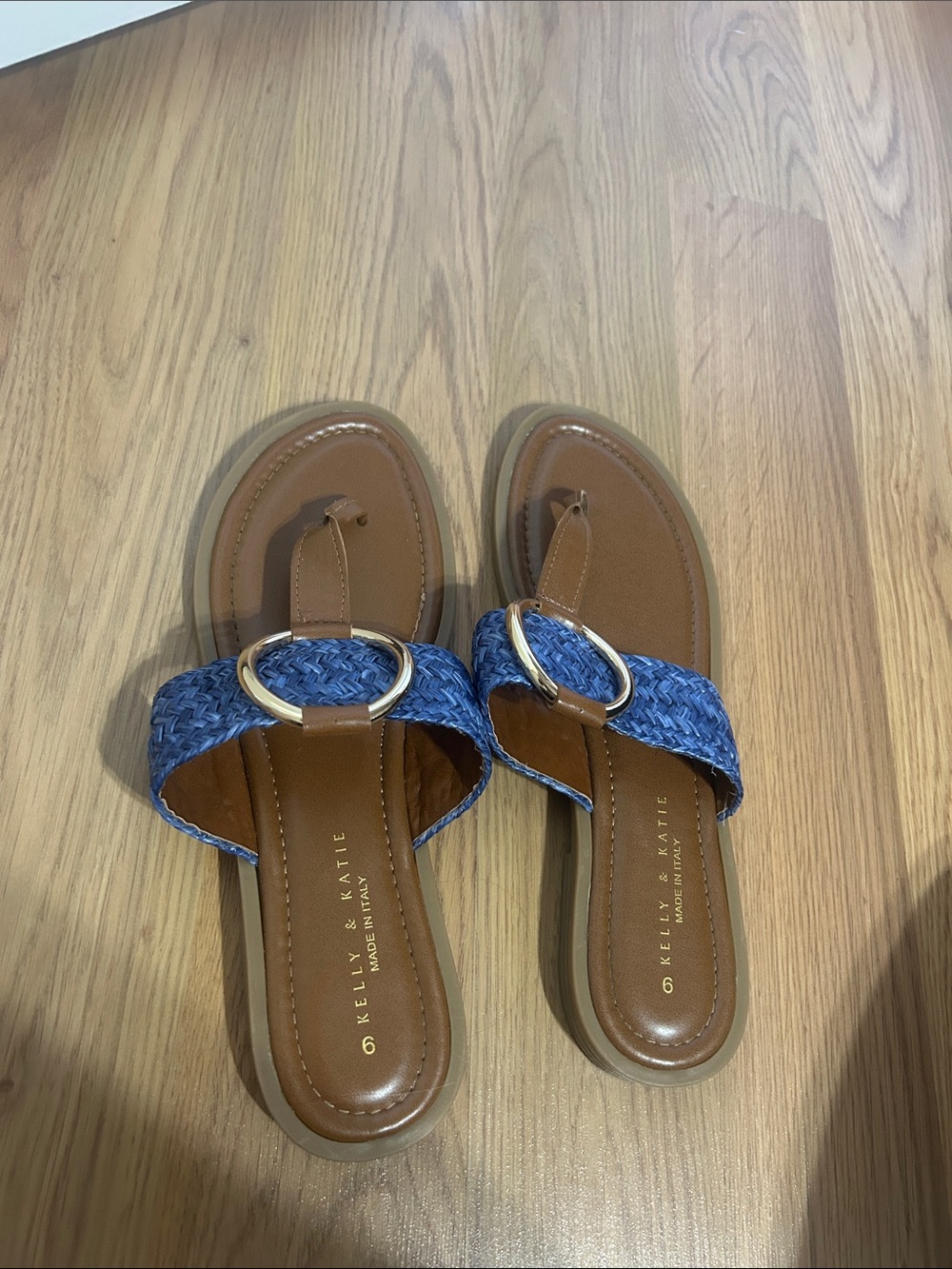 Kelly & Katie Brown Footbed Sandals with Blue Woven Strap and Gold Ring